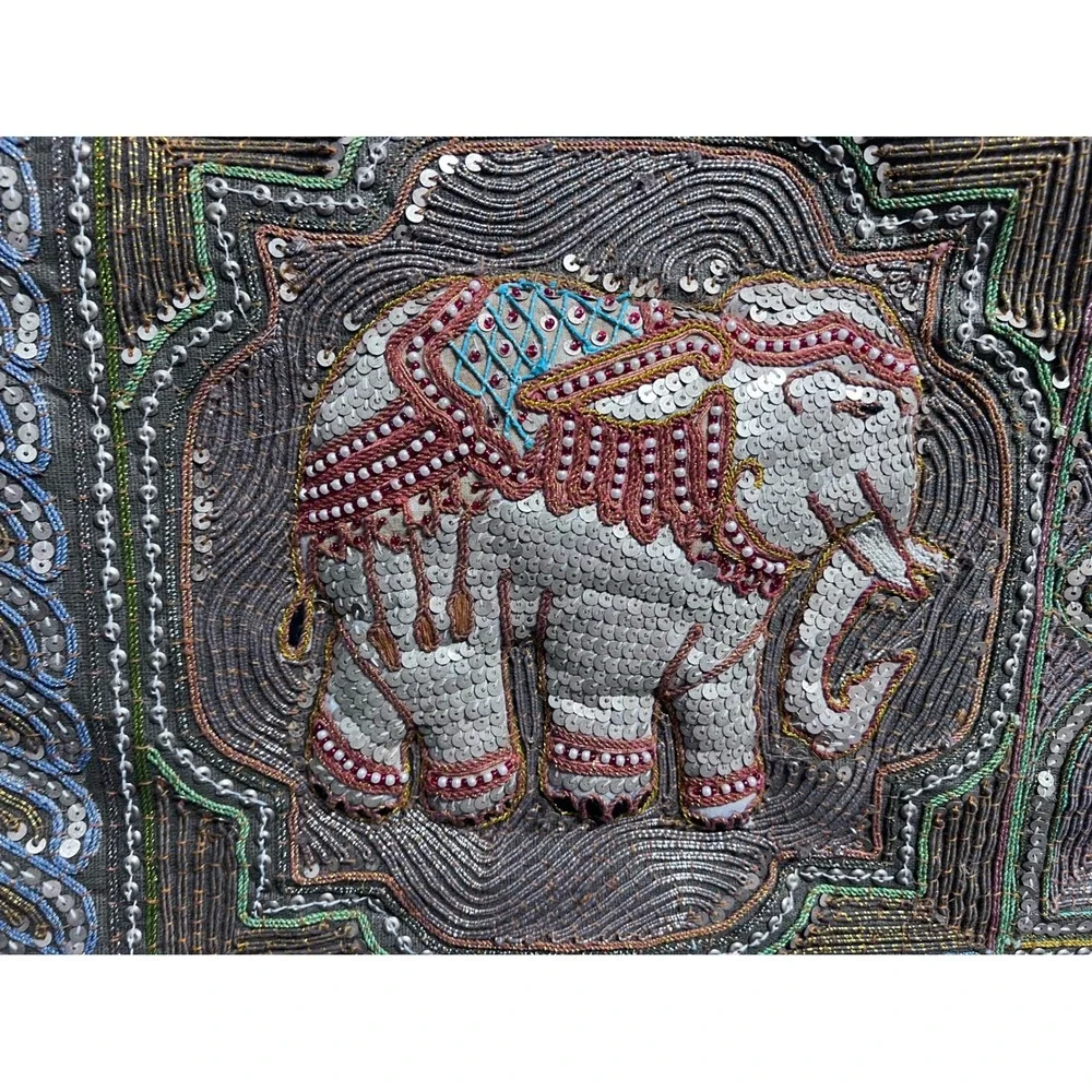 Vintage Kalaga Elephant Tapestry Hand Embroidered Sequin Bead Wall Hanging 35x54